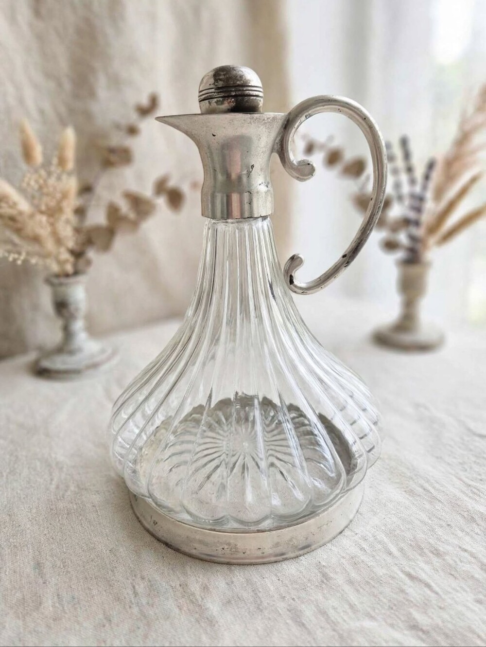 Vintage Fluted Glass & Metal Decanter Claret Jug